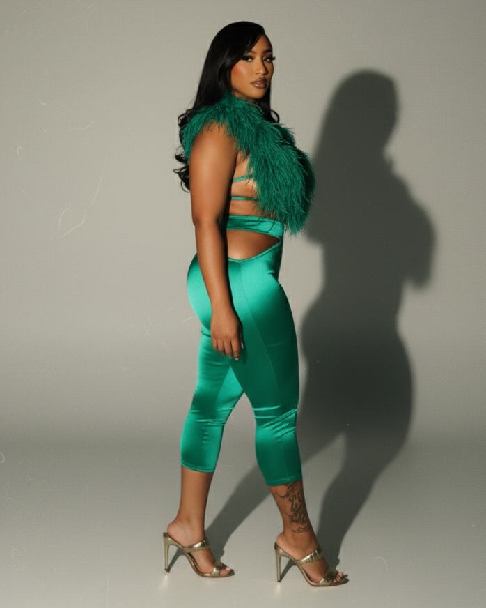 KAYLIS Halter Faux Feather Backless Top & Capri Pants Set