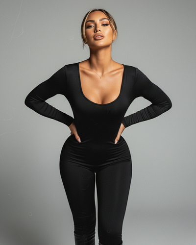 HINNA Plunge Neck Long Sleeve Jumpsuit