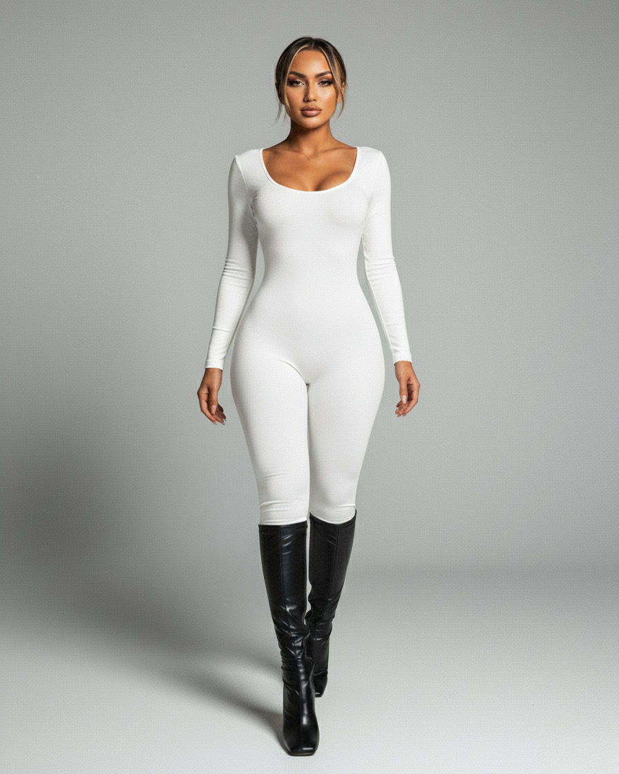 HINNA Plunge Neck Long Sleeve Jumpsuit
