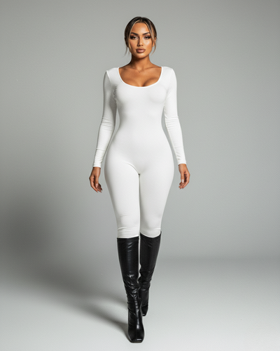 HINNA Plunge Neck Long Sleeve Jumpsuit