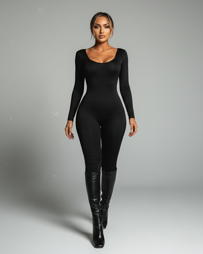 HINNA Plunge Neck Long Sleeve Jumpsuit