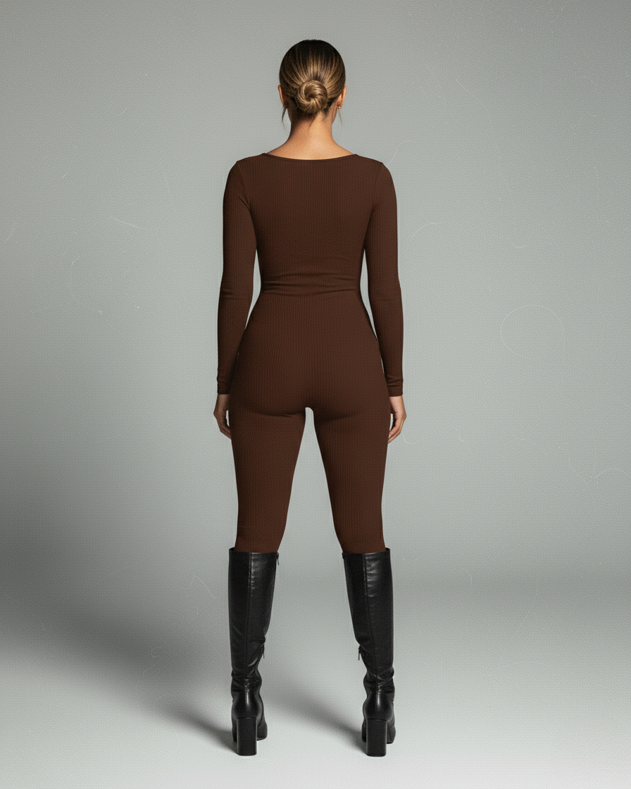 HINNA Plunge Neck Long Sleeve Jumpsuit