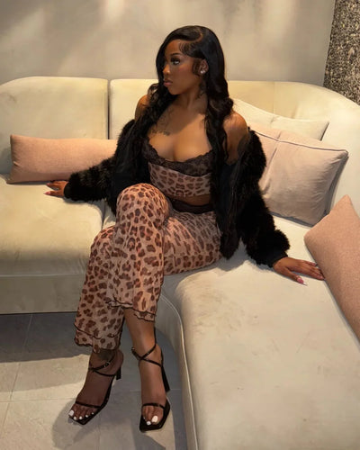 MOGEN Lace Trimmed Top & Flared Pants Set