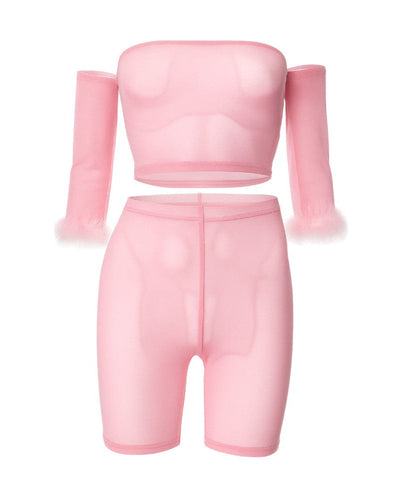 RAMIRA Faux Feather Trim Mesh Top & Shorts Set