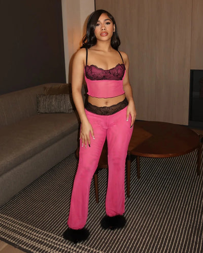 MOGEN Lace Trimmed Top & Flared Pants Set