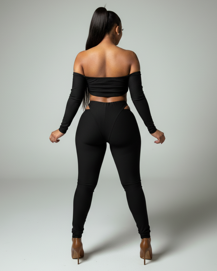 ELOWEN Off-shoulder Long Sleeve Top & Cutout Pants Set