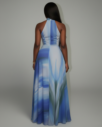 REBECCA High Neck Watercolor Maxi Dress