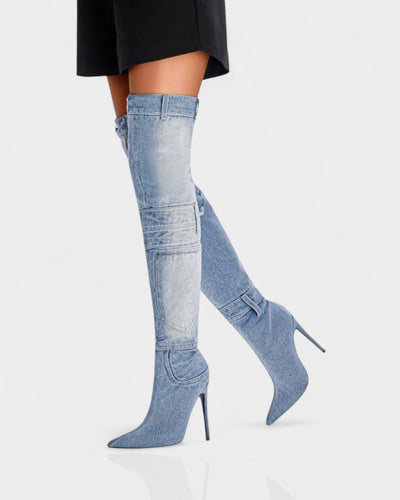 KACY Denim High-Rise Stiletto Boots