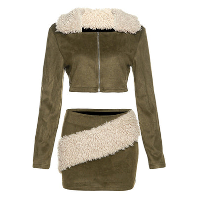 PECILLIA Fur Crop Zip Jacket & Mid Waist Fur Skirt