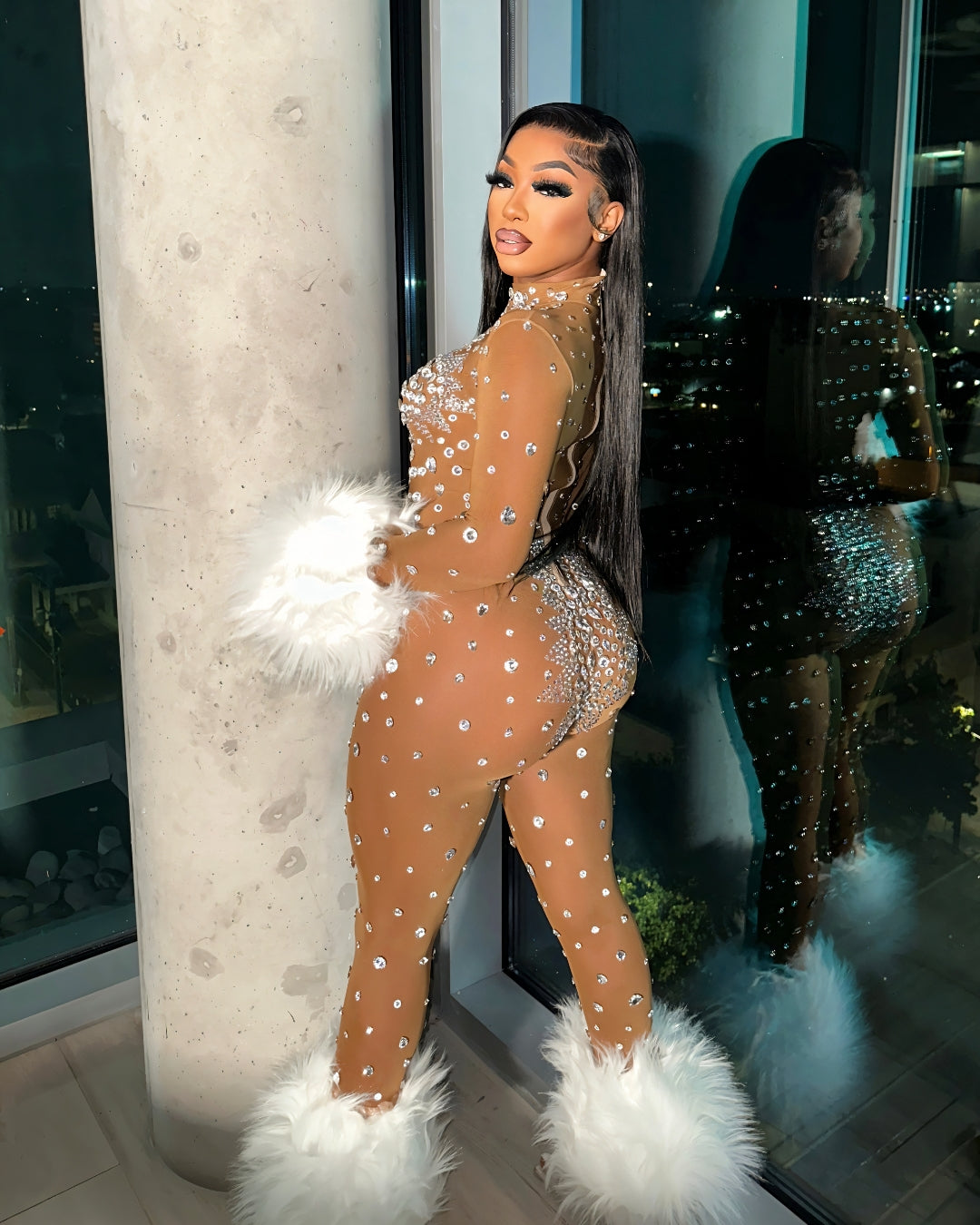 CHARICE Rhinestone & Faux Fur Trim Jumpsuit