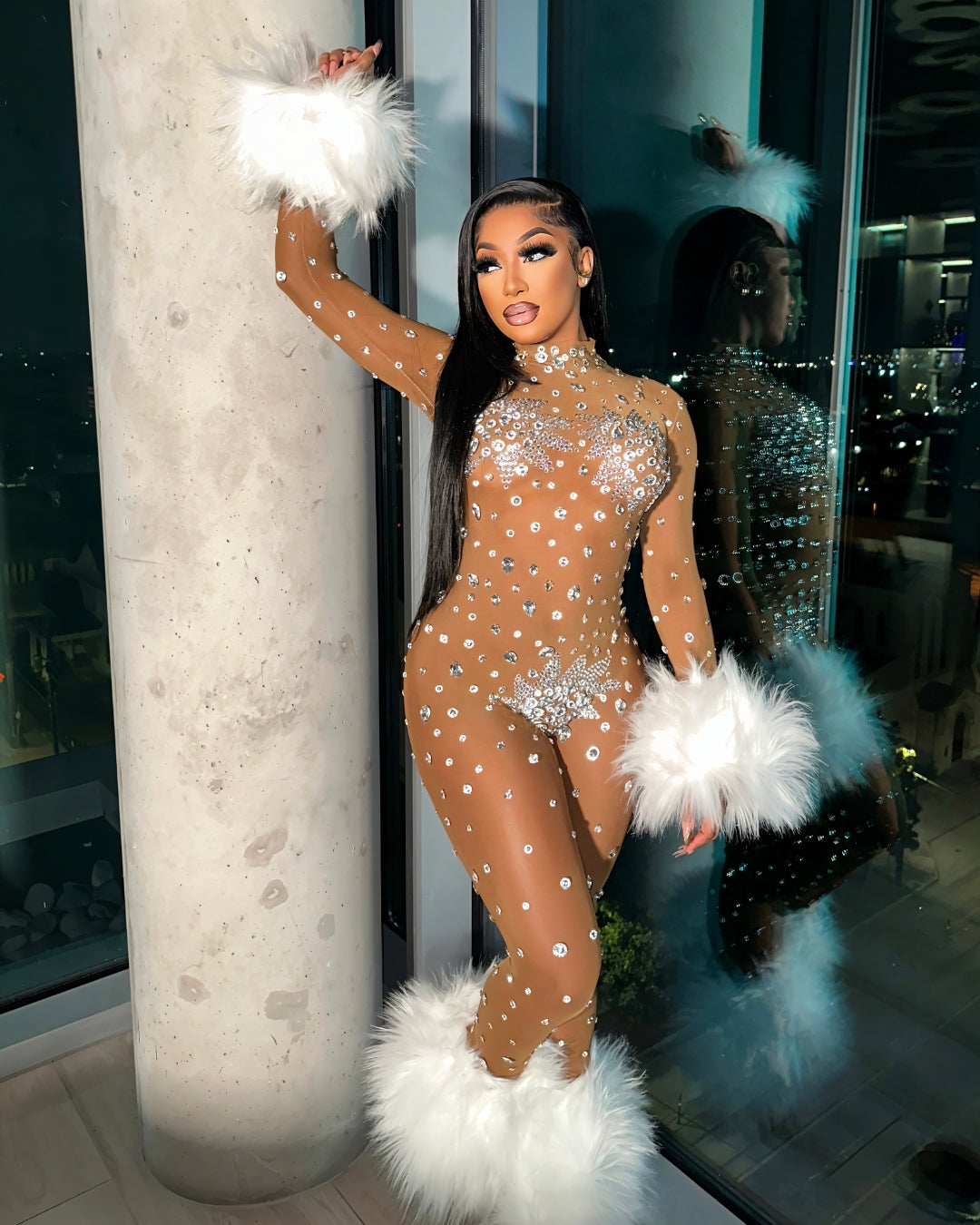 CHARICE Rhinestone & Faux Fur Trim Jumpsuit