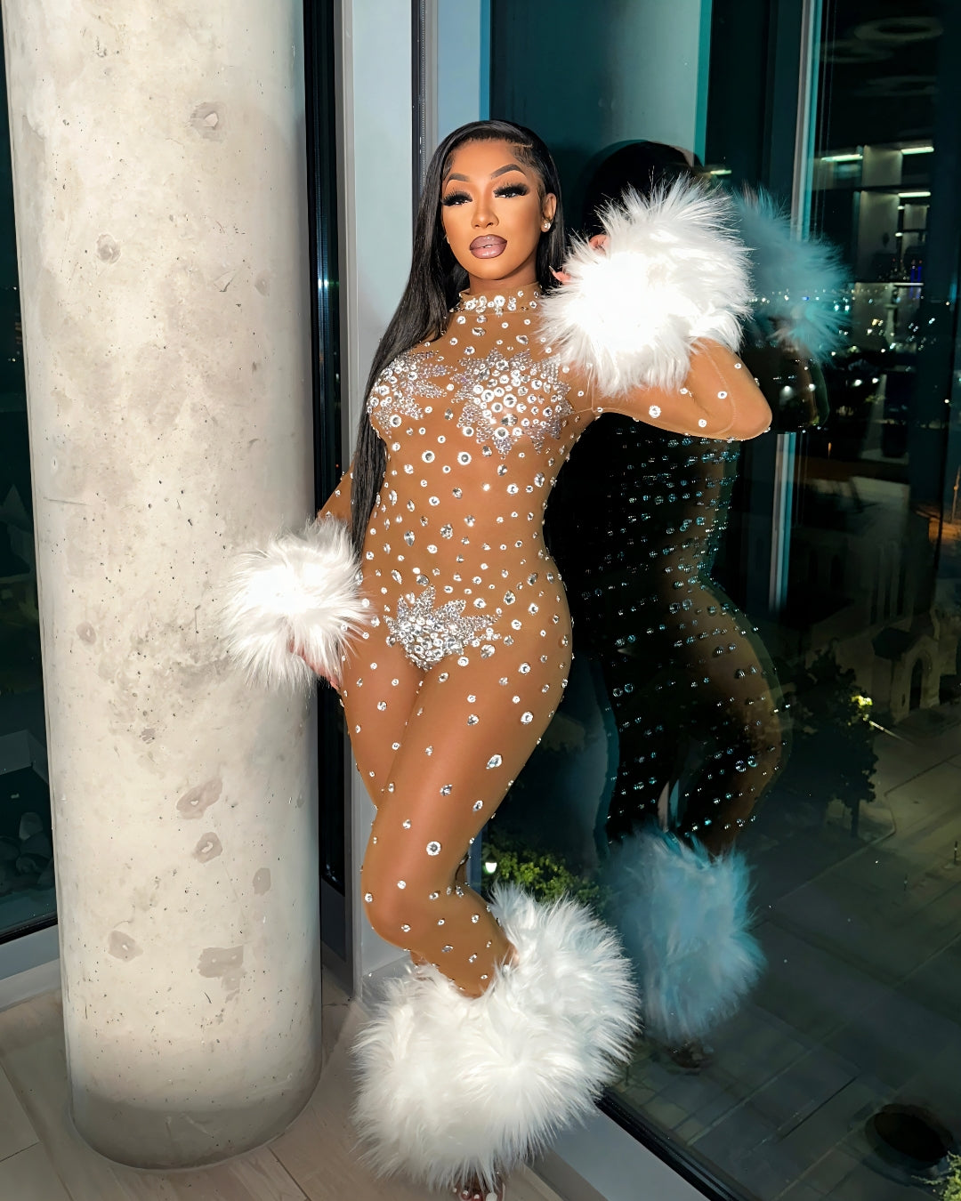 CHARICE Rhinestone & Faux Fur Trim Jumpsuit