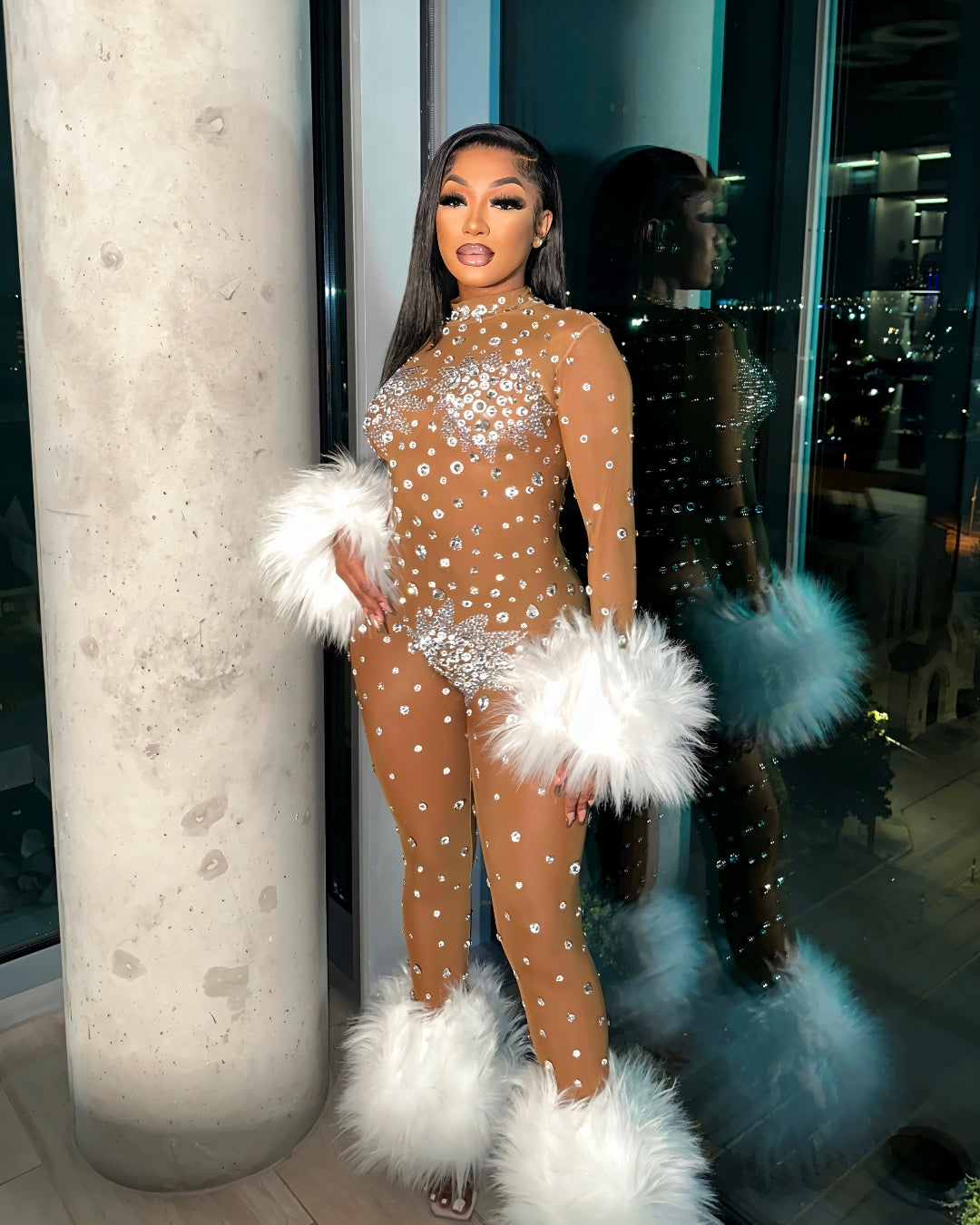 CHARICE Rhinestone & Faux Fur Trim Jumpsuit