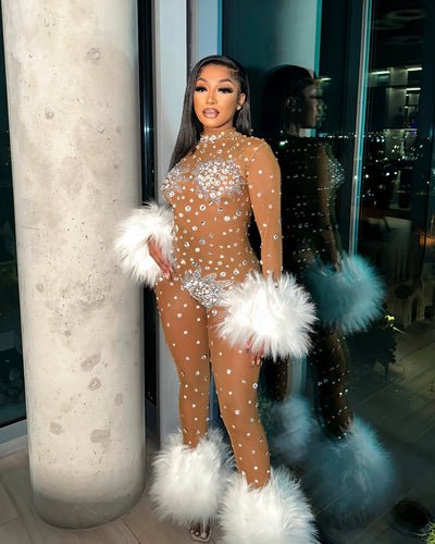 CHARICE Rhinestone & Faux Fur Trim Jumpsuit