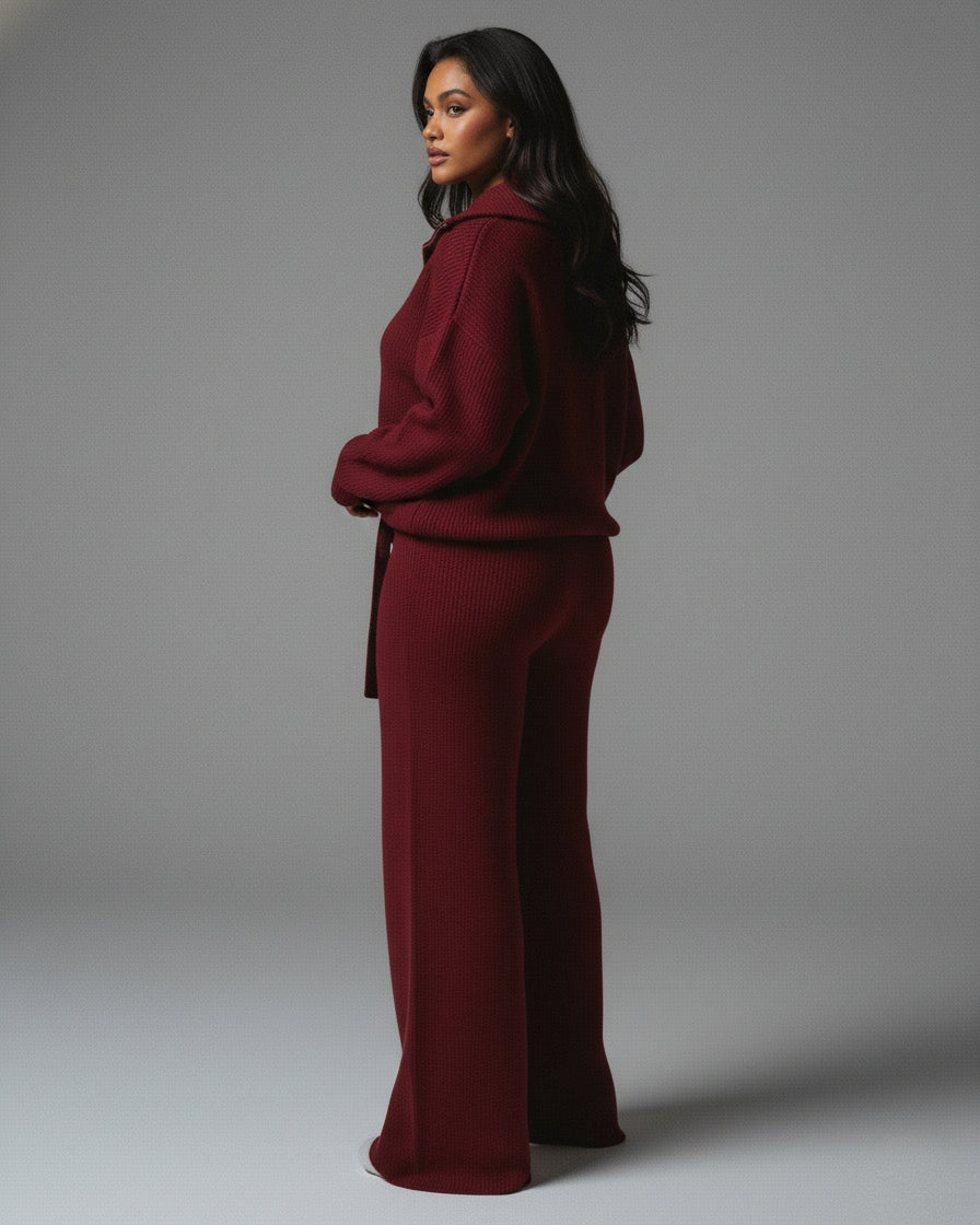 IRISA Ribbed Knit Zip Sweater & Straight Pants Set