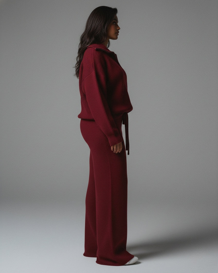 IRISA Ribbed Knit Zip Sweater & Straight Pants Set