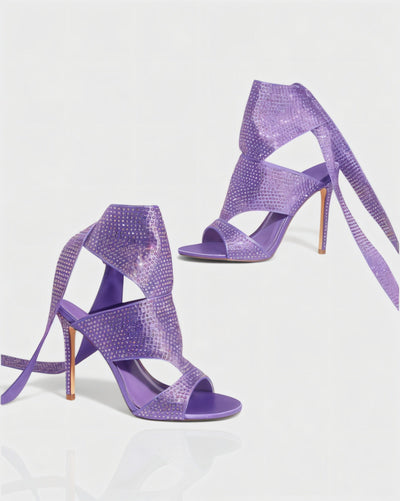 BRIANNE Square Head Rhinestone Lace-Up Knee High Heels