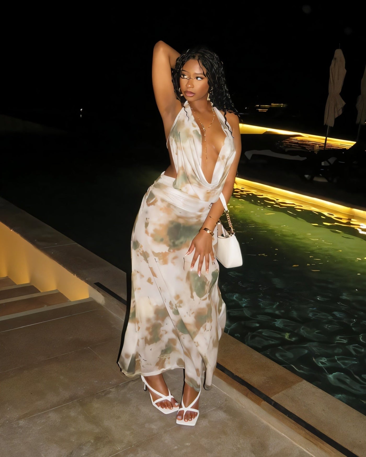 NOEMI Abstract Print Cowl Halter Top & Maxi Skirt Set