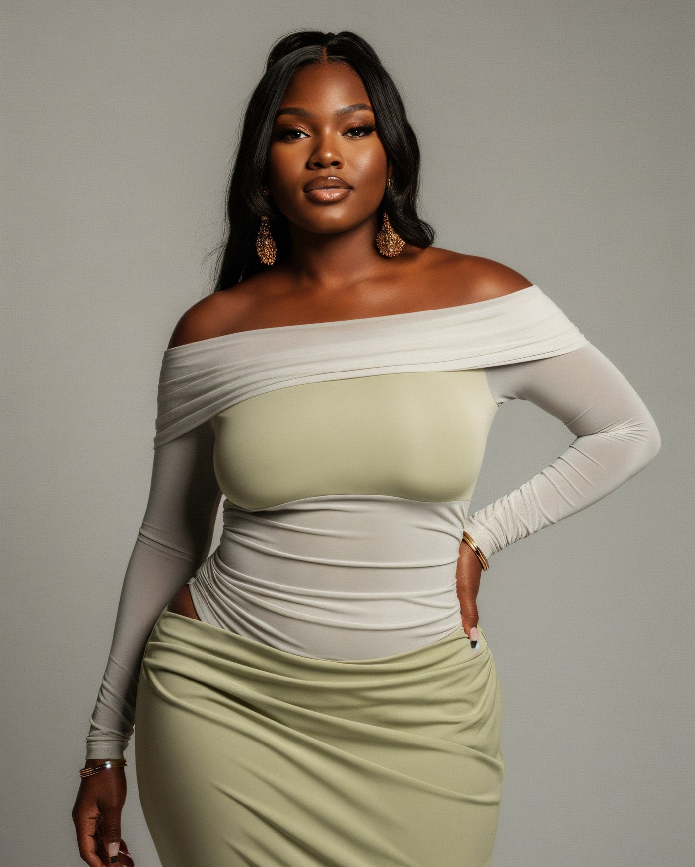 SHAINA Mesh Contrast Draped Maxi Dress