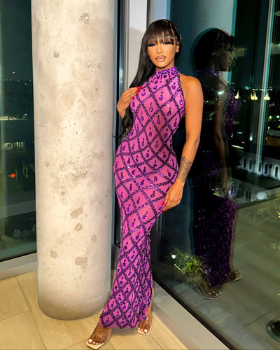 HOPE High Neck Tear Drop Rhinestone Maxi Dress