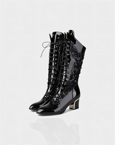 AROLA Lace-Up Embroidered Mid-Calf Boots