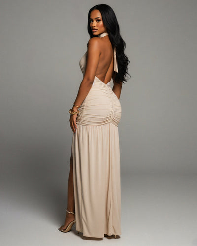 SORAYA Backless Halter Plunge Maxi Dress