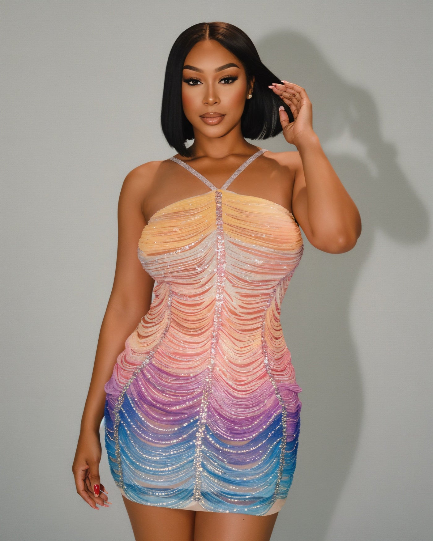 EMANY Rhinestone Embellished Gradient Mini Dress