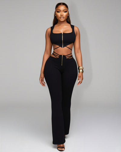 YUNA Ribbed Zip-up Top & Strappy Cutout Pants Set