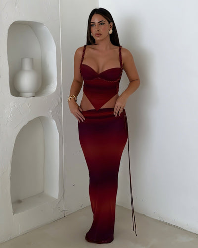 AMAVIA Sculpted Twist Top & Wine-Hued Skirt Set