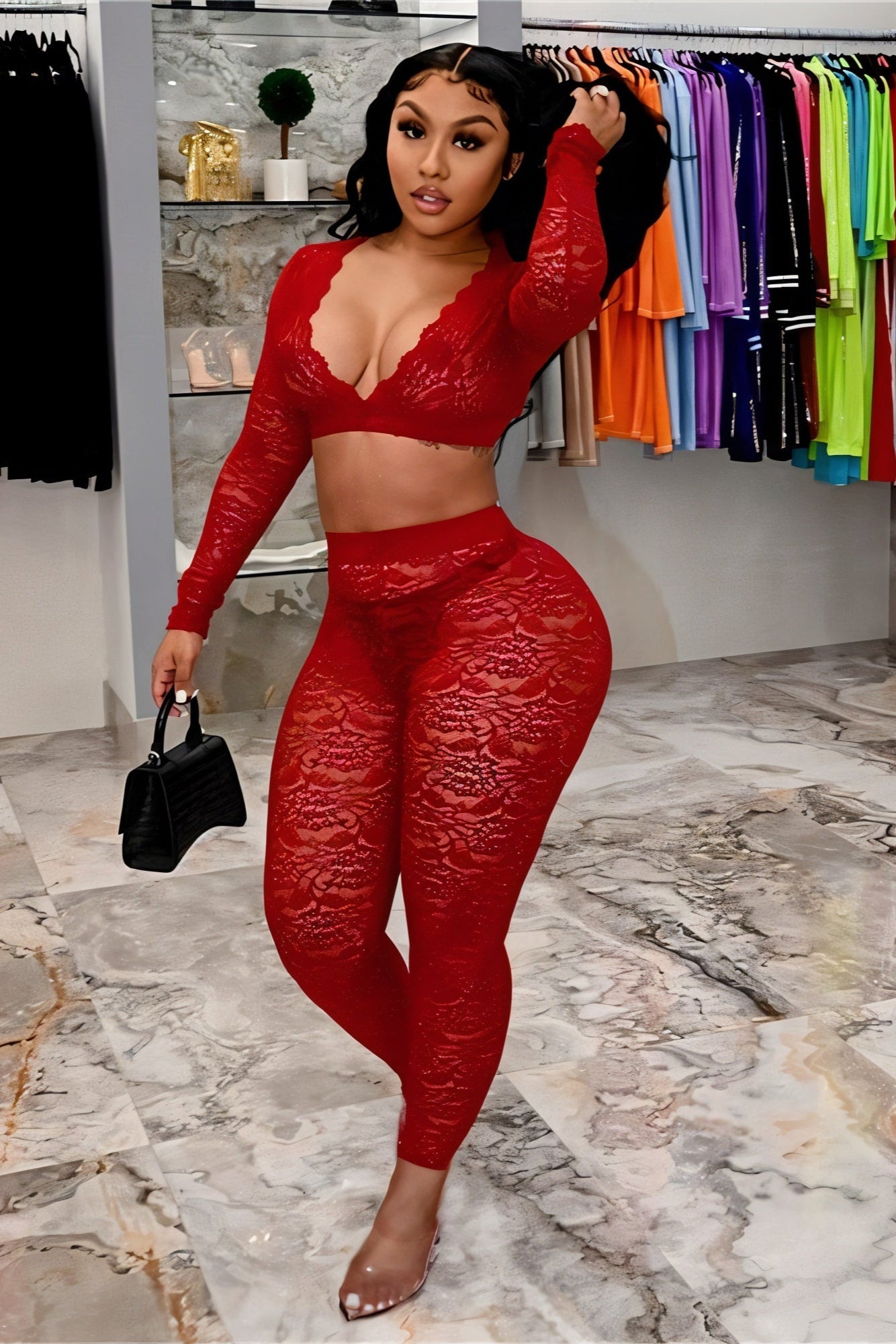 KAMARIA Lace Plunge Neckline Top & Tights Set