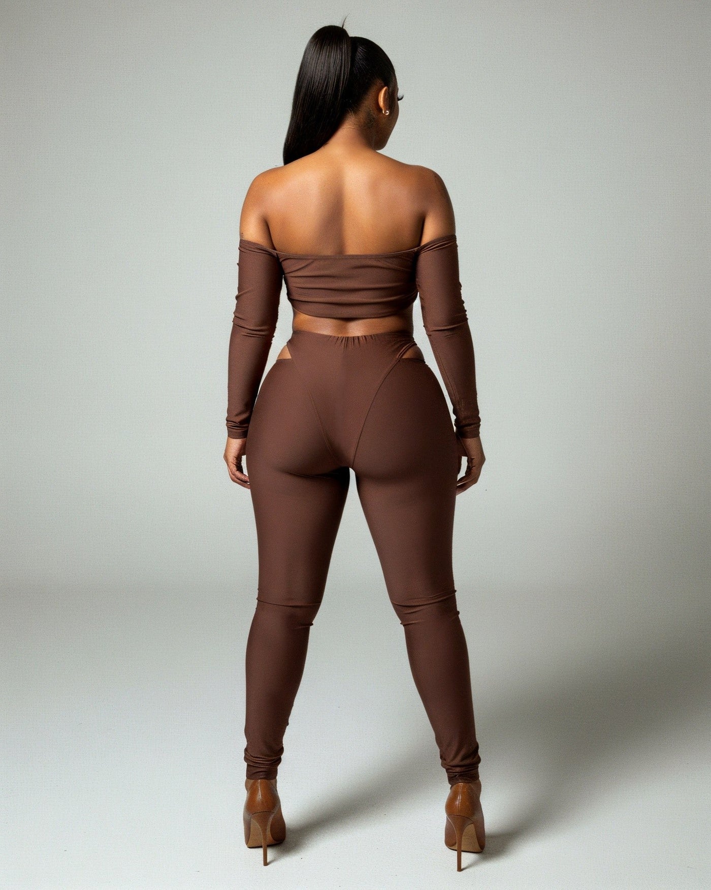 ELOWEN Off-shoulder Long Sleeve Top & Cutout Pants Set