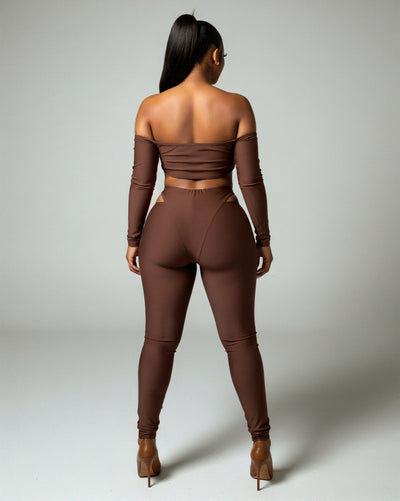 ELOWEN Off-shoulder Long Sleeve Top & Cutout Pants Set