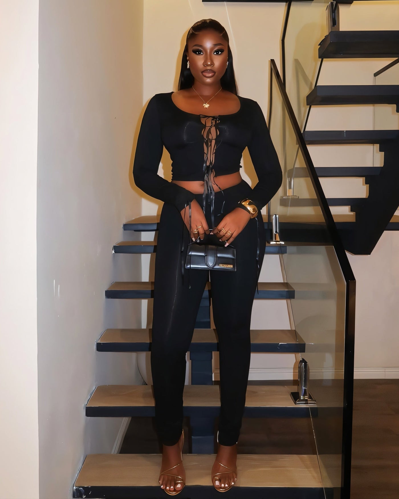 HYACINTH Lace-Up Front Fitted Top & Leggings Set