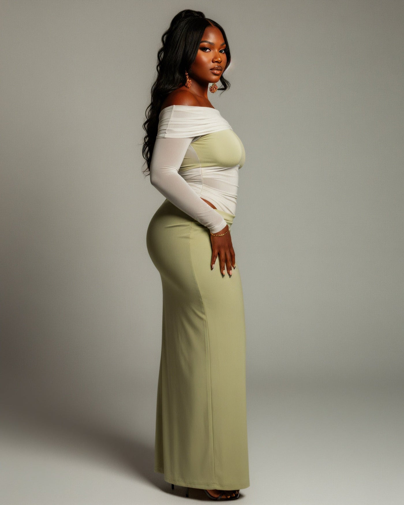 SHAINA Mesh Contrast Draped Maxi Dress