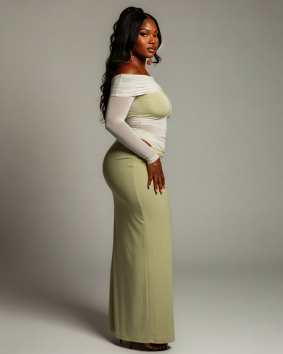 SHAINA Mesh Contrast Draped Maxi Dress