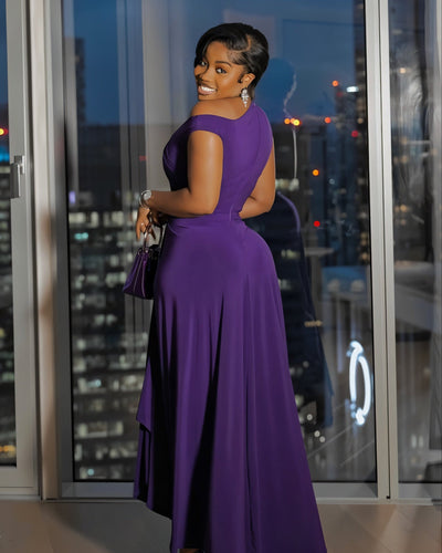 MIREN One-Shoulder Draped High Slit Maxi Dress