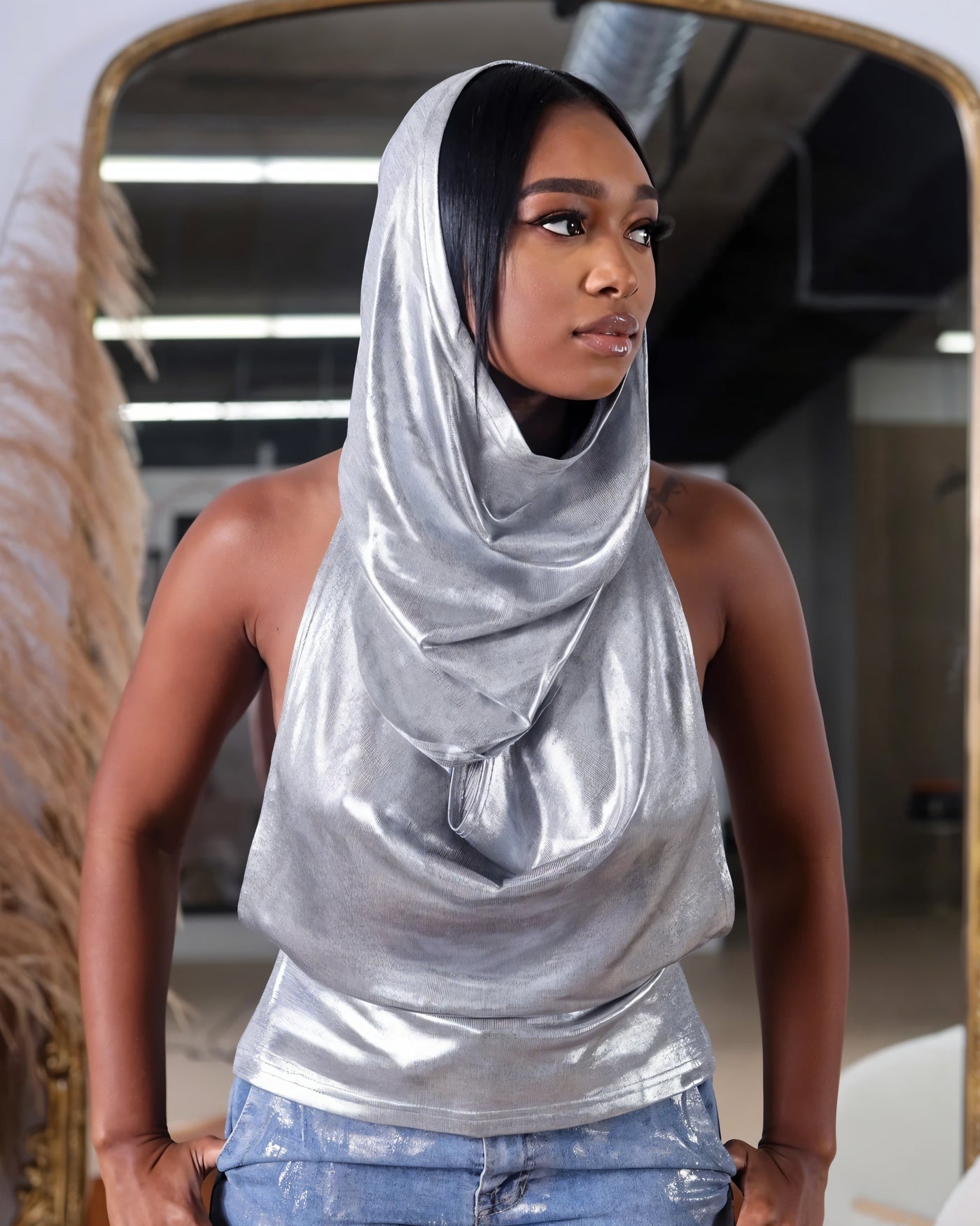 MAYAN Hooded Open-back Metallic Top