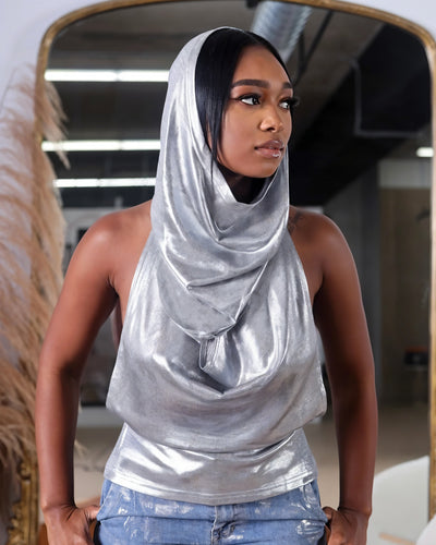 MAYAN Hooded Open-back Metallic Top