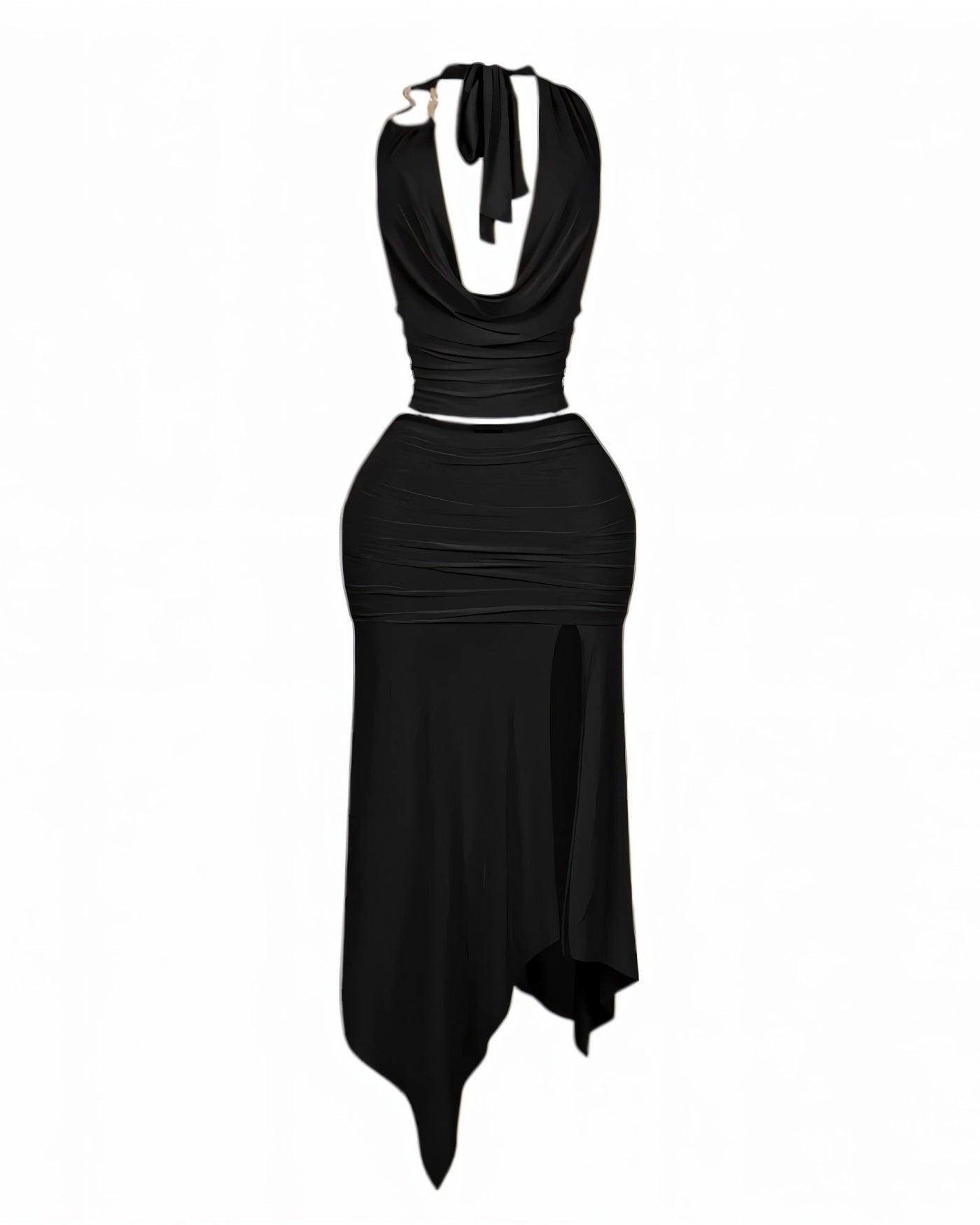 RHIANA Cowl Neck Top & High-Slit Skirt Set