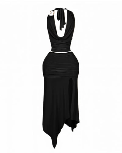 RHIANA Cowl Neck Top & High-Slit Skirt Set