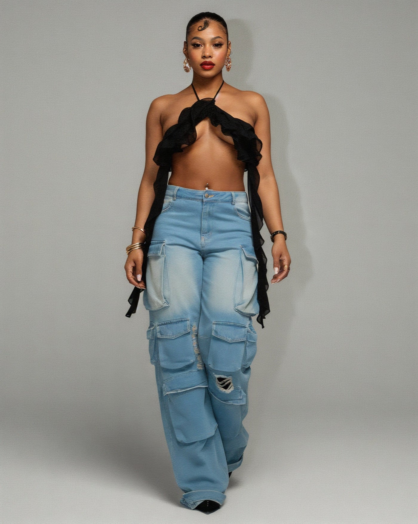 INGRID Denim Ripped Cargo Pants