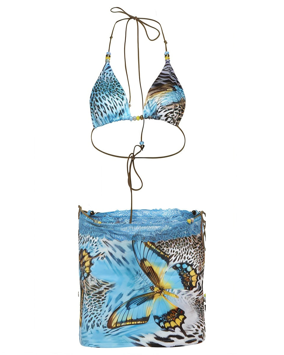 VICTORIA Beaded Leopard & Butterfly Print 3-Piece Bikini Set