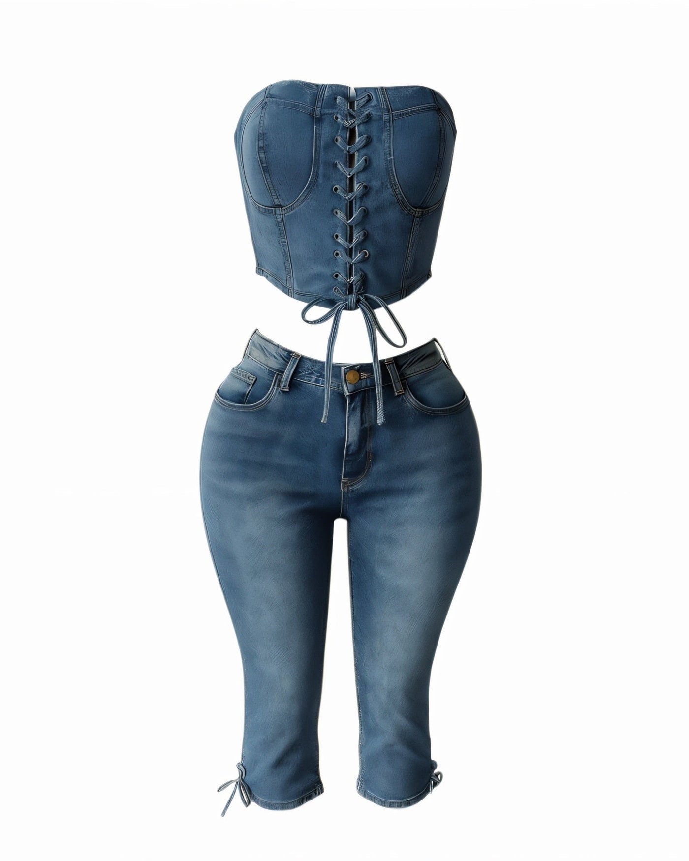 ISSA Laced Denim Corset Top & Capri Pants Set