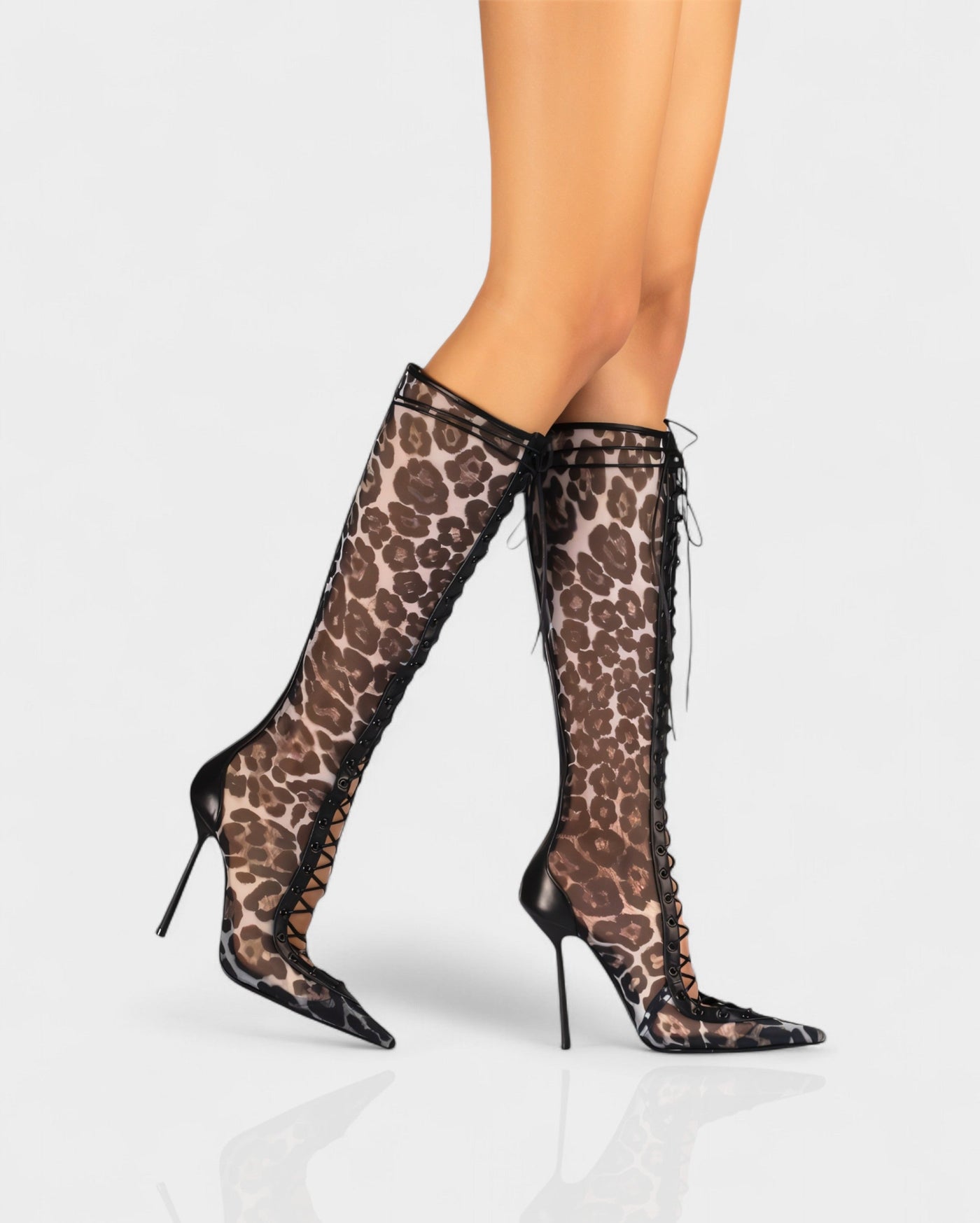 ESCAS Lace-Up Mesh Knee-High Stiletto Boots