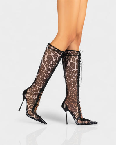 ESCAS Lace-Up Mesh Knee-High Stiletto Boots