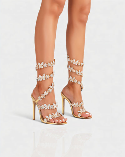 VALENA Crystal Embellished Butterfly & Floral Strappy High Heels