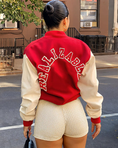 LYSSA Two-Tone Cropped Varsity Bomber Jacket