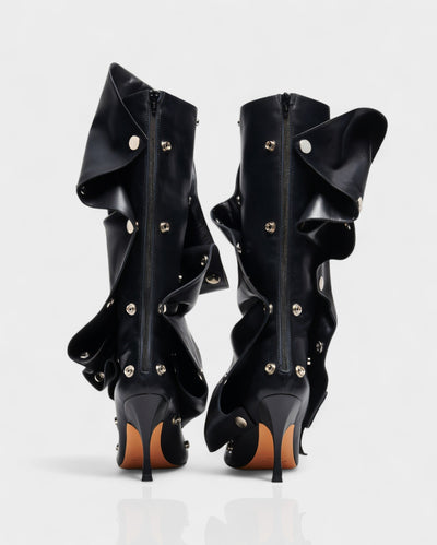 KIVARA Stiletto Heel Fold-Over Rivet Knee-High Boots