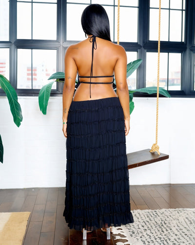 CHRISTINE Sheer Ruched Halter Top and Maxi Skirt Set