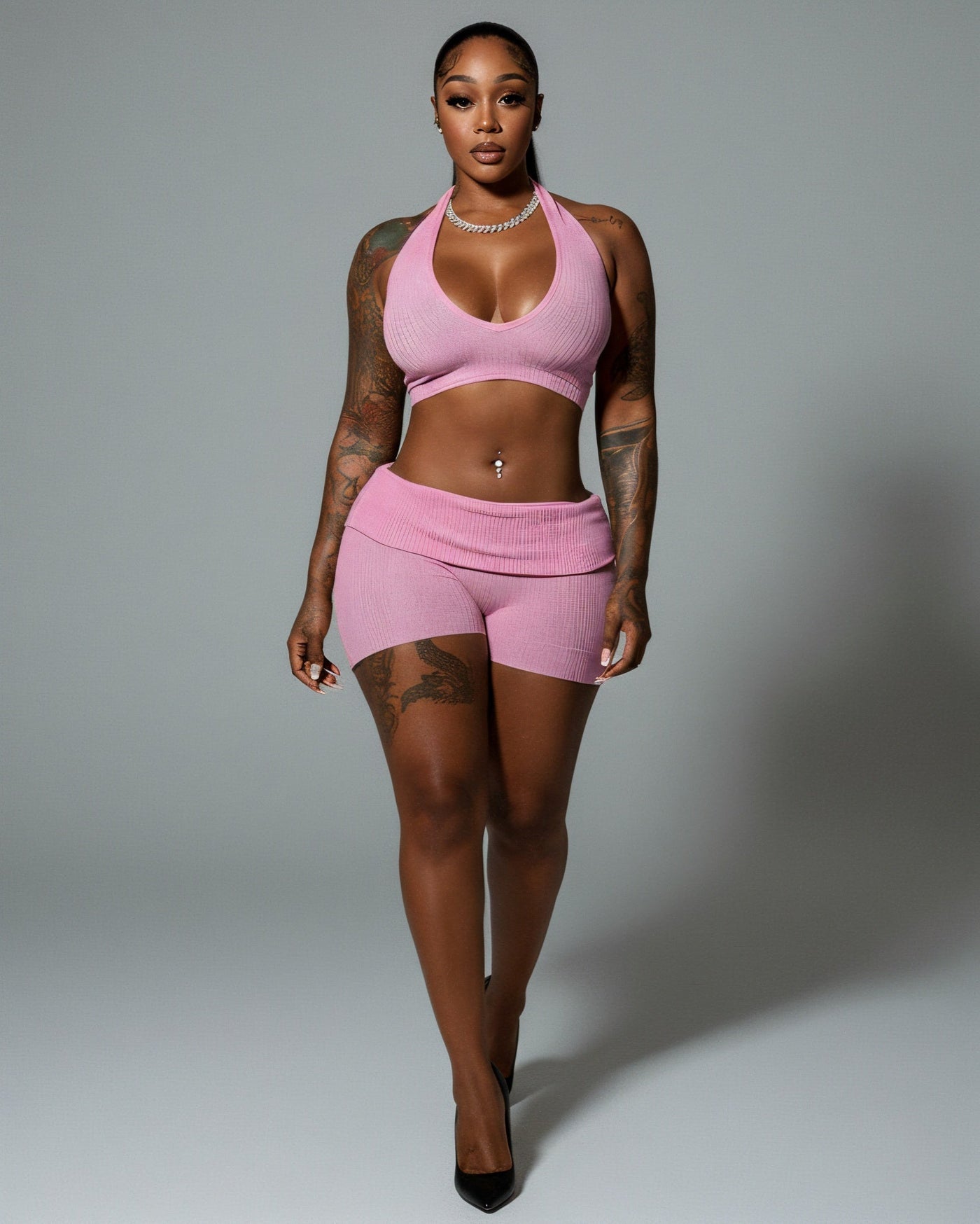 ZEIRA Ribbed Halter Crop Top & High-Waisted Shorts Set